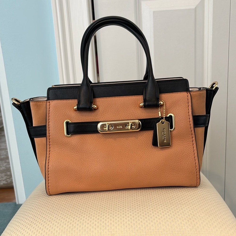Coach Tan & Black Leather Tote Bag